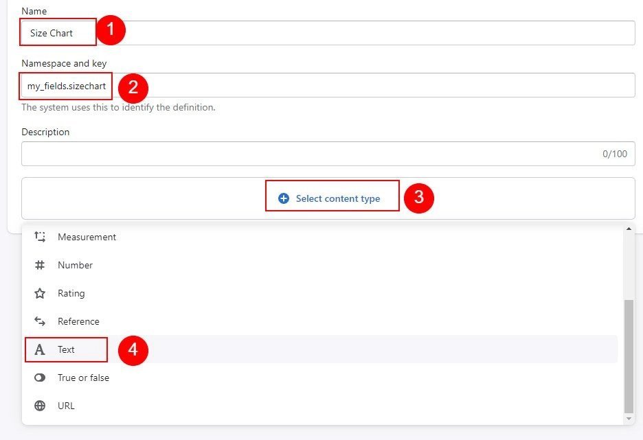 Create metafields for add size chart to each products