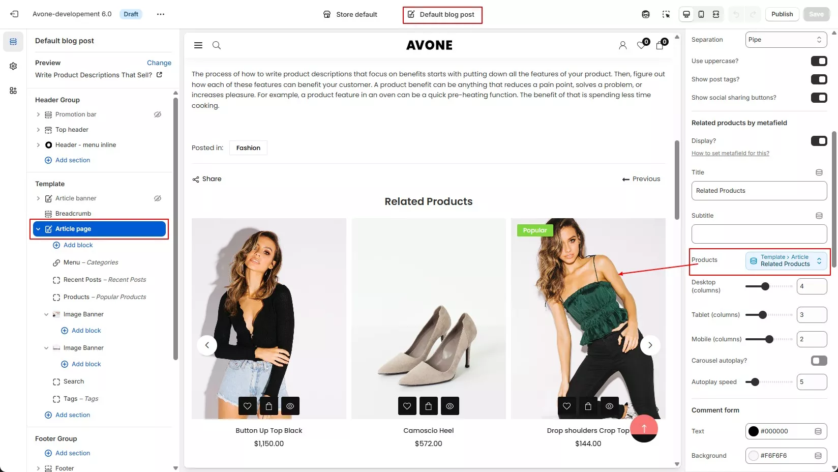 Show product list in Shopify blog article