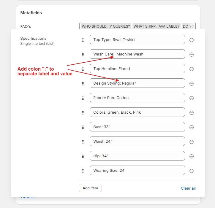 how to show product specification tab on Shopify product page