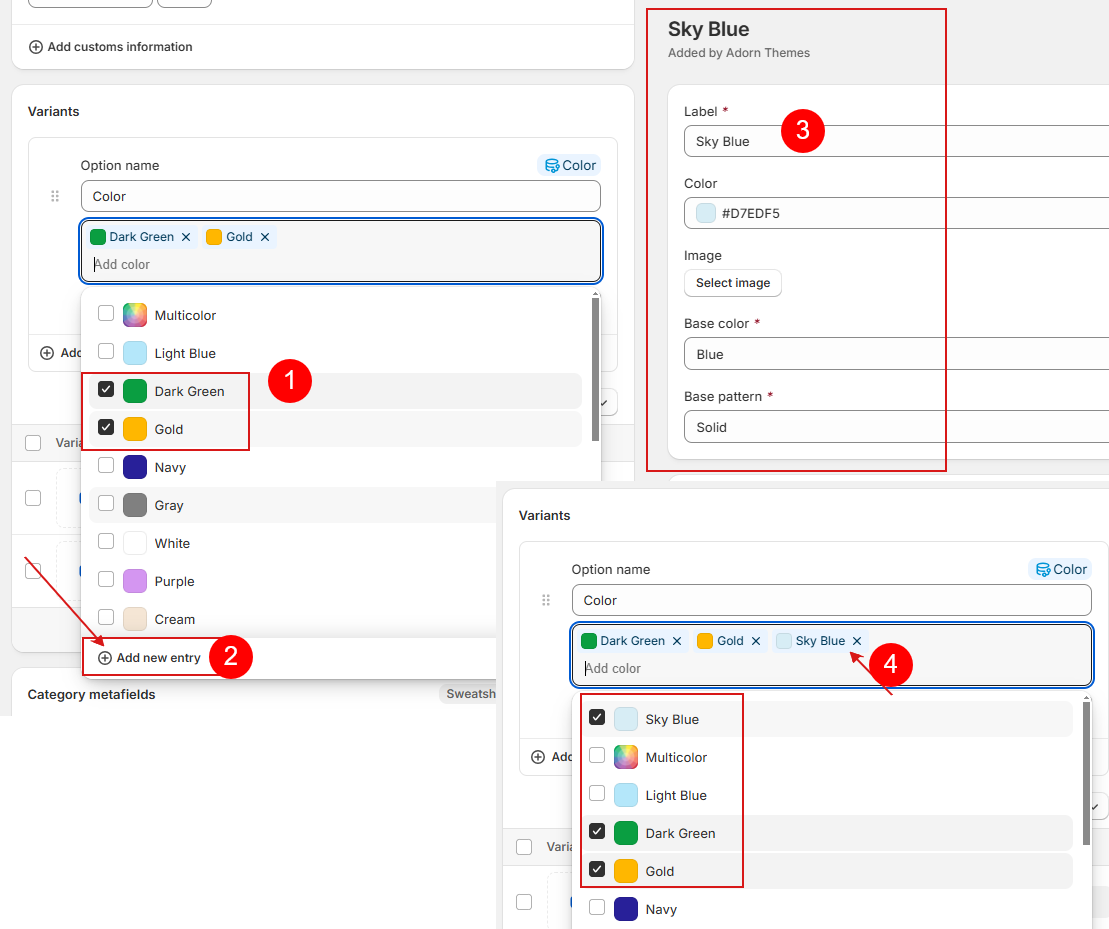Add product colors using category metafields Shopify