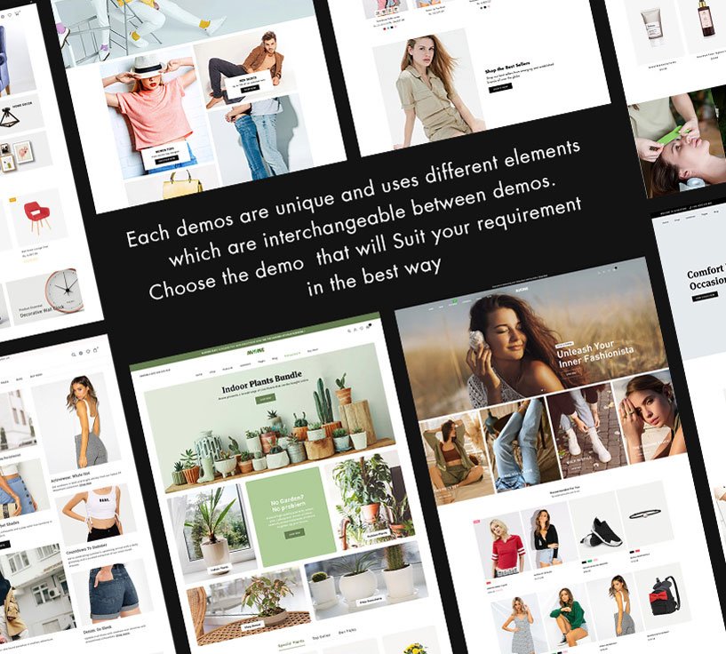 36+ unique demos included in Avone shopify theme for fashion, indoor plants, and home decor, showcasing clean layouts, large high-quality imagery