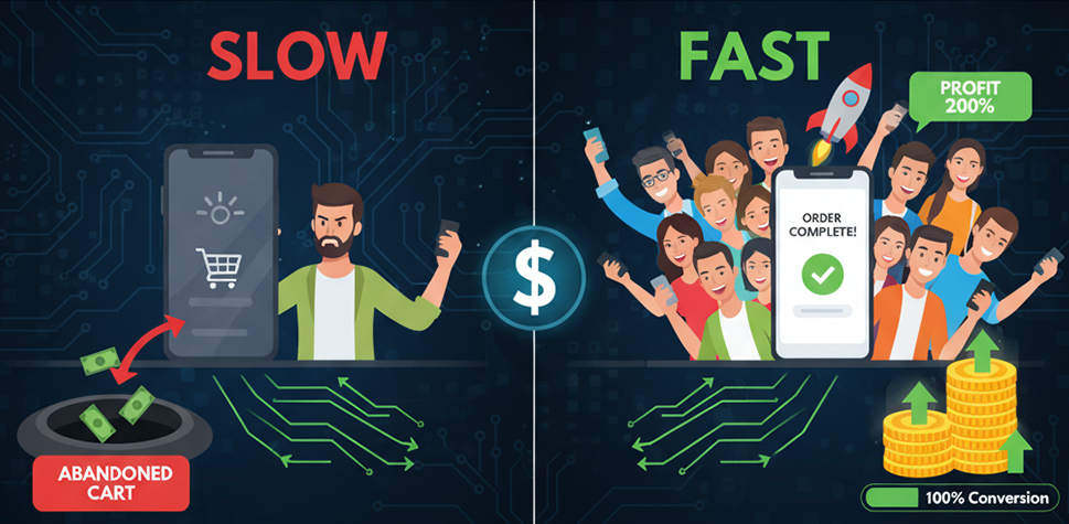 Comparison of slow vs fast website showing PageSpeed scores, load time, and user experience differences